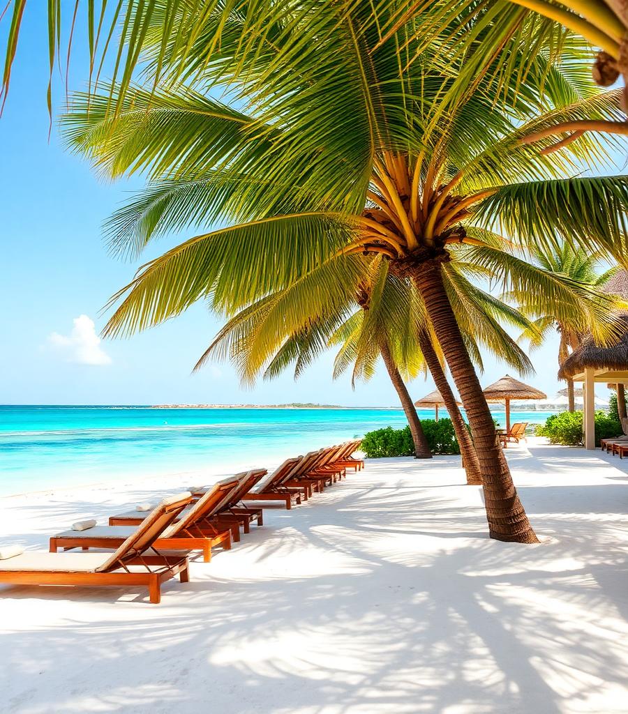 Wooden loungers and thatched palapas on white sand beside turquoise Caribbean water, shaded by palm trees