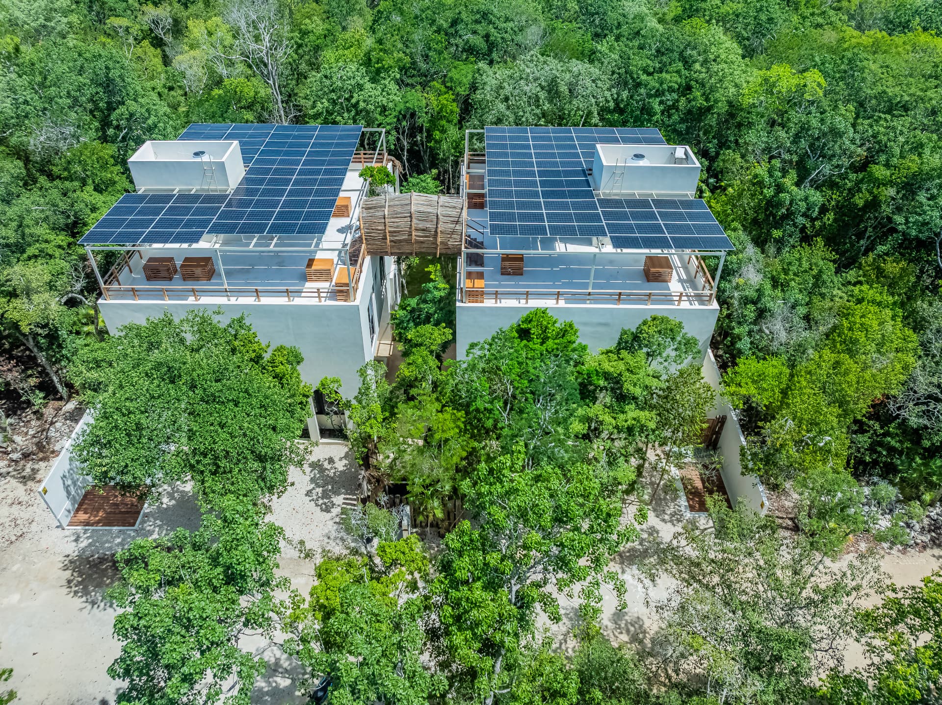 Aerial view of the two solar-powered villas connected by a driftwood rooftop bridge in the Tulum jungle